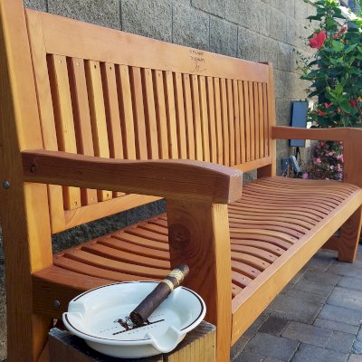 Ti Amo Benches (Options: 5 ft, California Redwood, No Cushion, Custom Engraving, Transparent Premium Sealant). Photo Courtesy of J. Fleming of Inglewood, California.