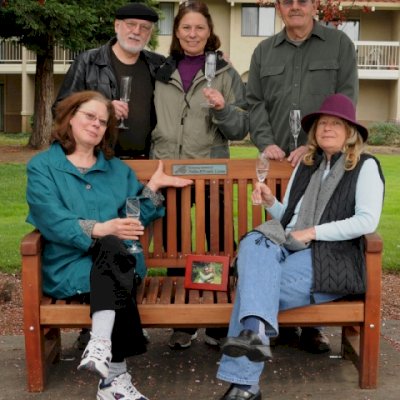Ti Amo Benches (Options: 5 ft, Old-Growth Redwood, No Cushion, No Engraving, Custom Plaque Provided by Customer, Transparent Premium Sealant). Photo Courtesy of Ms. Linda L. of Napa, CA.  