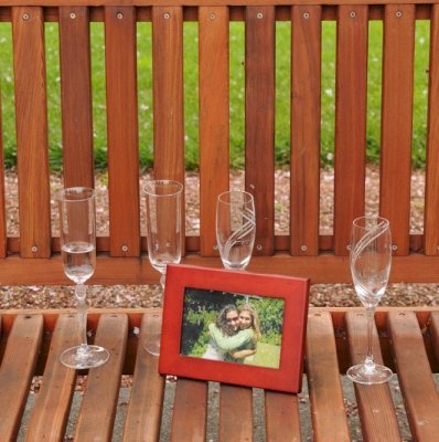 Ti Amo Benches (Options: 5 ft, Old-Growth Redwood, No Cushion, No Engraving, Custom Plaque Provided by Customer, Transparent Premium Sealant). Photo Courtesy of Ms. Linda L. of Napa, CA.  