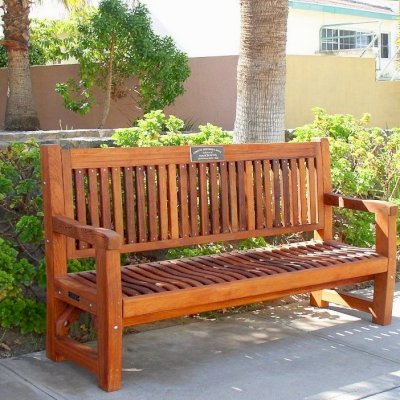 Ti Amo Benches (Options: 6 ft, Old-Growth Redwood, No Cushion, No Engraving, Custom Plaque Provided by Customer, Transparent Premium Sealant). 
