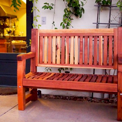 Ti Amo Benches (Options: 4 ft, California Redwood, No Cushion, No Engraving, Transparent Premium Sealant). Photo Courtesy of Mr. Mike M. of Sunol, CA.