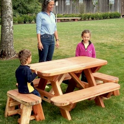 Toddler Wooden Rectangular Picnic Table (Options: Toddler's Size, Redwood, No Umbrella Hole, Standard Tabletop, Transparent Premium Sealant). Kids tables come standard with attached benches and rounded corners. 2 ft Picnic benches for ends purchased separately.