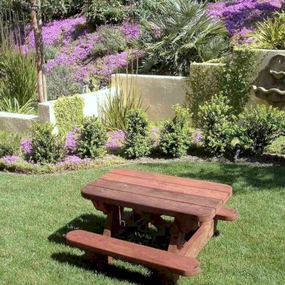 Toddler Wooden Rectangular Picnic Table (Options: Toddler's Size, Old-Growth Redwood, No Umbrella Hole, Standard Tabletop, Transparent Premium Sealant). Kids tables come standard with attached benches and rounded corners.