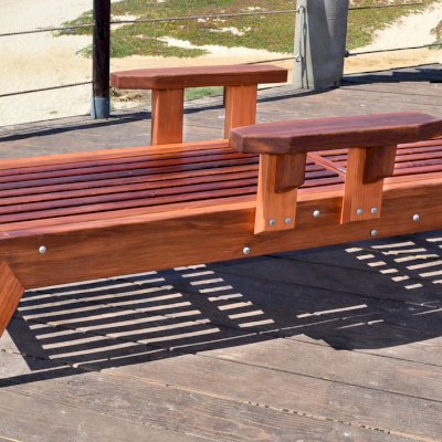 Tony's Wooden Deck Lounger (Options: SIngle, Standard 74", Mature Redwood, Snack Tray on Right Side , 15.5" H, Include Wooden Wheels, No Cushion, Transparent Premium Sealant).