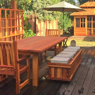Traditional Wooden Storage Bench (Options: 72 L x 20 W x 18 H inches, Redwood, Split Seat, Add Pistons, No Engraving, Transparent Premium Sealant). Photo Also Shows a Dream Gazebo, a San Francisco Patio Table Set and Some Custom Mendocino Planters with Trellis and Seating Ledge. Photo Courtesy of Tina Phi of Palo Alto, CA.