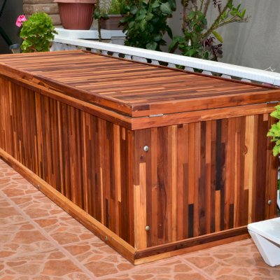 Traditional Wooden Storage Bench (Options: 60 L x 24 W x 17 H inches, Mosaic Redwood, No Piston, No Parquet, No Holes, Split Seat, Feet, No Casters, No Engraving, Transparent premium Sealant).