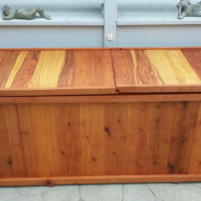 Traditional Wooden Storage Bench (Options: 96 L x 24 W x 27 H inches, Redwood, Split Seat, Add Pistons, No Engraving, Transparent Premium Sealant). Photo Courtesy of Jim Lefebvre of Danbury, Connecticut.