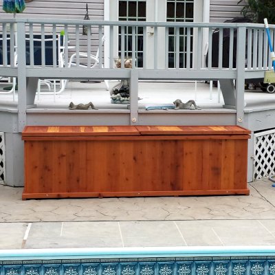 Traditional Wooden Storage Bench (Options: 96 L x 24 W x 27 H inches, Redwood, Split Seat, Add Pistons, No Engraving, Transparent Premium Sealant). Photo Courtesy of Jim Lefebvre of Danbury, Connecticut.