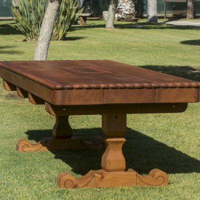 Trestle Natural Wood Outdoor Table (Custom designed trestle designed table in Old-Growth Redwood with massive timbers and custom carving and engraving.)