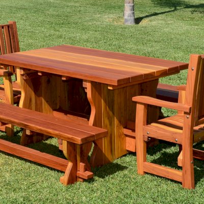 Trestle Natural Wood Outdoor Table (Options: 5' L, 34 1/2'' W Tabletop, Benches & End Armchairs, Redwood, Standard Tabletop, Slightly Rounded Corners, Ruth Chairs, 1 Full Length Side Benche Per Side, No Umbrella Hole, Transparent Premium Sealant). 