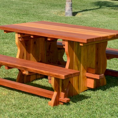 Trestle Natural Wood Outdoor Table (Options: 5' L, 34 1/2'' W Tabletop, Side Benches, Redwood, Standard Tabletop, No Umbrella Hole, Slightly Rounded Corners, 1 Full Length Side Benche Per Side, Transparent Premium Sealant). 