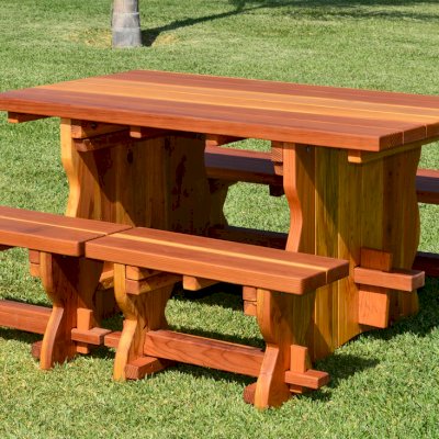 Trestle Natural Wood Outdoor Table (Options: 5' L, 34 1/2'' W Tabletop, Side Benches, Redwood, Standard Tabletop, No Umbrella Hole, Slightly Rounded Corners, 2 Half Length Side Benches Per Side, Transparent Premium Sealant). 