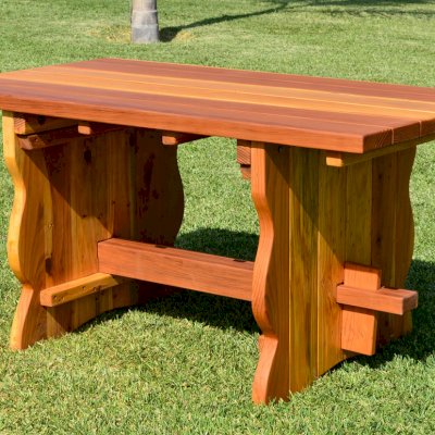 Trestle Natural Wood Outdoor Table (Options: 5' L, 34 1/2'' W Tabletop, No Seating, Redwood, Standard Tabletop, Slightly Rounded Corners, No Umbrella Hole, Transparent Premium Sealant). 