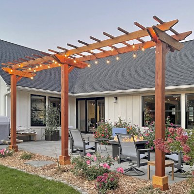 Custom 3-Post Wood Arbor (Options: 22' x 4', California Redwood, 10 ft H, 3 High-Wind Anchor Kit, 6x6 Posts, 2x8 Supports, 2x6 Rafters, Electrical Trim Kit for 1 Post, Transparent Premium Sealant). Photo Courtesy of N. Oppedahl of Frontenac, MN.