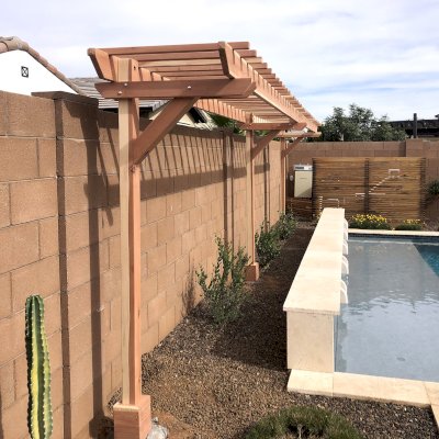 Custom 3-Post Wood Arbor (Options: 24' x 3', California Redwood, No Privacy Panel, 8 ft Posts Height, 3-Post Anchor Kit for High-Wind, Unfinished). Photo Courtesy of K. Maneth of Gilbert, Arizona.