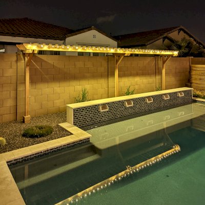 Custom 3-Post Wood Arbor (Options: 24' x 3', California Redwood, No Privacy Panel, 8 ft Posts Height, 3-Post Anchor Kit for High-Wind, Unfinished). Photo Courtesy of K. Maneth of Gilbert, Arizona.