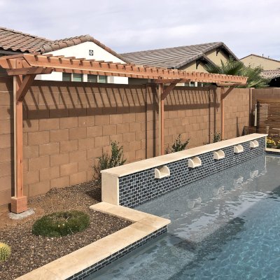 Custom 3-Post Wood Arbor (Options: 24' x 3', California Redwood, No Privacy Panel, 8 ft Posts Height, 3-Post Anchor Kit for High-Wind, Unfinished). Photo Courtesy of K. Maneth of Gilbert, Arizona.