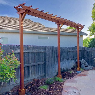 Custom 3-Post Wood Arbor (Options: 18' x 2', California Redwood, No Privacy Panel, 10.5 ft Posts Height, 3-Post Anchor Kit for High-Wind, Transparent Premium Sealant). Photo Courtesy of T. Bauer of Sacramento, CA.