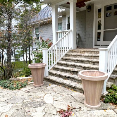 Vase Planter (Options: 15" Base x 25" Top x 30" Height, Mature Redwood, Interior and Exterior of Box with Sealant (No Growing Vegetables), White Wash Finish). Photo Courtesy of P. Lima of Oconomowoc, Wisconsin.