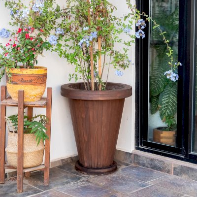 Vase Planter (Options: 15" x 25" x 30", Douglas-fir, Interior and Exterior of Box with Sealant (No Growing Vegetables), Coffee Stain Premium Sealant). Photo taken 2 years after installation.