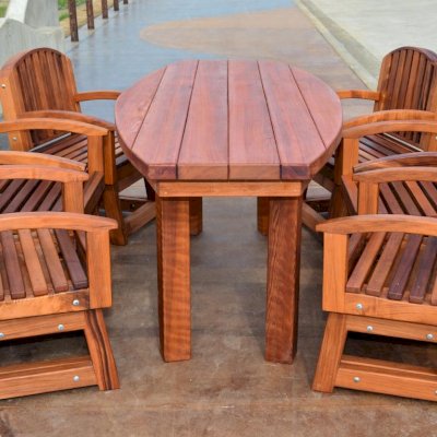 Vera's Outdoor Wood Cocktail Table (Options: Vera's Armchair, 6 ft, 34 1/2" W, Mature Redwood, 30 inch Table Height, 17 inch Stool Height, 6 Chairs, Add 6 Swivels, No Cushion, Standard Tabletop, No Umbrella Hole, Transparent Premium Sealant).