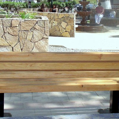 Backside: Veterans Wood Bench (Options: 6 ft, Douglas-fir, Extra Long Legs, No Cushion, No Engraving, Transparent Premium Sealant). Photo was taken just after installation - note wet concrete around bench legs.