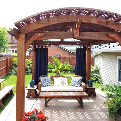 Custom Viking Pergola DIY Kits (Options: 16' L x 14' W, Mature Redwood, No Electrical Wiring Trim Kit, No Curtain Rods, 4-Post Anchor Kit for Concrete, Transparent Premium Sealant).
