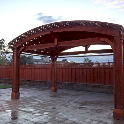 Custom Viking Pergola DIY Kits (Options: 14' L x 20' W, Mature Redwood, Extra Thick Lumber, 3 Curtain Rods, 4-Post Anchor Kit for Concrete, Transparent Premium Sealant). Photo Courtesy of R. Huckaby of Foster City, CA. 