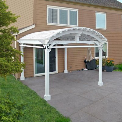 Viking Pergola DIY Kits (Options: 14' L x 14' W, Douglas-fir, Electrical Wiring Trim Kit for 1 Post, 4-Post Anchor Kit for Concrete, 3 Curtain Rods, Off-White Oil-Based Primer). Photo Courtesy of G. Bala of Santa Rosa, CA.