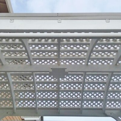 Viking Pergola DIY Kits (Options: 14' L x 14' W, Douglas-fir, Electrical Wiring Trim Kit for 1 Post, 4-Post Anchor Kit for Concrete, 3 Curtain Rods, Off-White Oil-Based Primer). Photo Courtesy of G. Bala of Santa Rosa, CA.