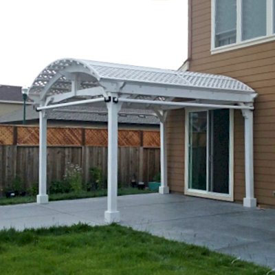Viking Pergola DIY Kits (Options: 14' L x 14' W, Douglas-fir, Electrical Wiring Trim Kit for 1 Post, 4-Post Anchor Kit for Concrete, 3 Curtain Rods, Off-White Oil-Based Primer). Photo Courtesy of G. Bala of Santa Rosa, CA.