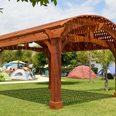 Custom Viking Pergola DIY Kits (Options: 21' L x 16' W, Mature Redwood, No Electrical Wiring Trim Kit, No Curtain Rods, Extra Thick Lumber by Custom Request, Transparent Premium Sealant). 