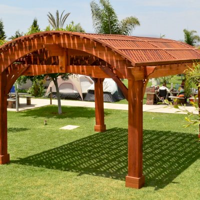 Custom Viking Pergola DIY Kits (Options: 21' L x 16' W, Mature Redwood, No Electrical Wiring Trim Kit, No Curtain Rods, Extra Thick Lumber by Custom Request, Transparent Premium Sealant). 