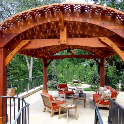 Custom Viking Pergola DIY Kits (Options: 21' L x 16' W, Mature Redwood, No Electrical Wiring Trim Kit, 4-Post Anchor Kit for High-Wind, No Curtain Rods, Extra Thick Lumber by Custom Request, Transparent Premium Sealant). 
