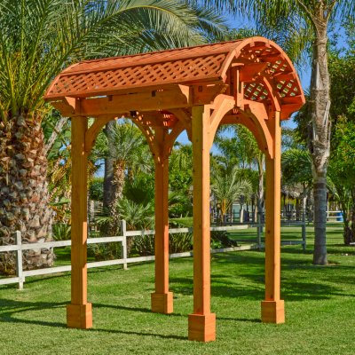 Viking Pergola DIY Kits (Options: 8' L x 8' W, Douglas-fir, No Electrical Wiring Trim Kit, No Curtain Rods, Transparent Premium Sealant). Pergola with Swing Hangers by Custom Request.