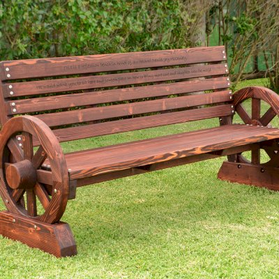 Wagon Wheel Wooden Bench (Options. 6 ft, Mature Redwood (20-yr Warranty) , No Cushion, Custom Engraving - 51-100 chars, Cherry Stain Premium Sealant).
