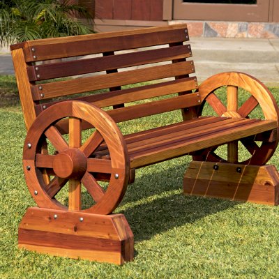 Wagon Wheel Wooden Bench (Options: 5 ft, California Redwood, No Cushion, No Engraving, Transparent Premium Sealant).