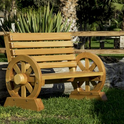 Wagon Wheel Wooden Bench (Options: 4 ft, Douglas-fir, No Cushion, No Engraving, Custom Urethane Finish).