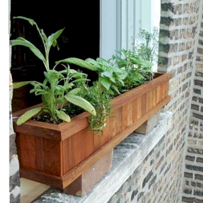 Window Box Planters (Options: 36" L, 9" W, 9" H, Standard Base, Mature Redwood, No Steel Hangers, No Railing Strips, No Growing Vegetables, Transparent Premium Sealant). 