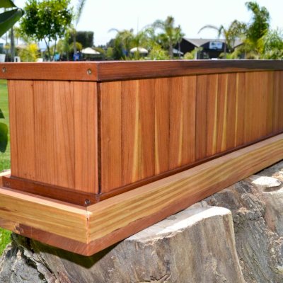 Window Box Planters (Options: 36" L x 9" W x 9" H, Add 3/4" Base, Mature Redwood, No Steel Hangers, No Growing Vegetables, Transparent Premium Sealant). and Water Tray [not included] (Options: 3" Tall - For Planters up to 36"W x up to 40"L)