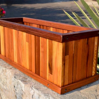 Window Box Planters (Options: 24" L, 9" W, 9" H, Standard Base, Mosaic Redwood, No Steel Hangers, No Fit Over Railings, No Growing Vegetables, Transparent Premium Sealant). 