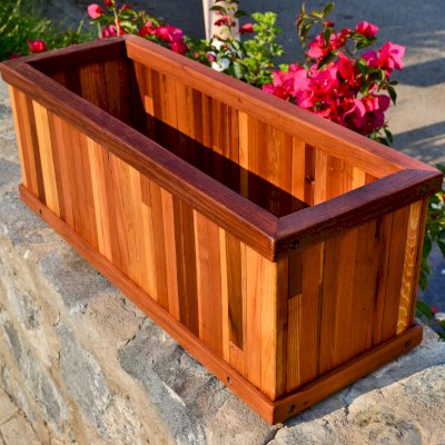 Window Box Planters (Options: 24" L, 9" W, 9" H, Standard Base, Mosaic Redwood, No Steel hangers, No Fit Over Railings, No Growing Vegetables, Transparent Premium Sealant). 