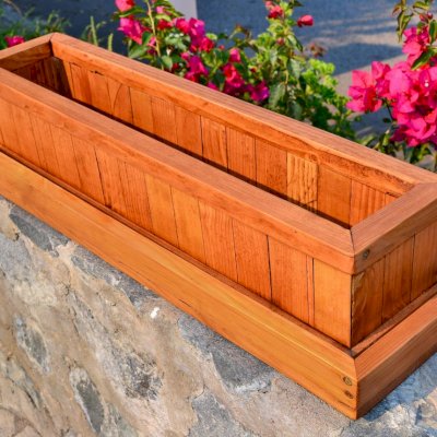 Window Box Planters (Options: 24" L, 7.5" W x 7.5" H, Standard Base, Douglas-Fi​r, No Steel Hangers, No Fit Over Railings, No Growing Vegetables, Transparen​t Premium Sealant) and Water Tray [not included] (Options: 2" Tall for Planters up to 12''W x 40''L, Transparen​t Premium Sealant).