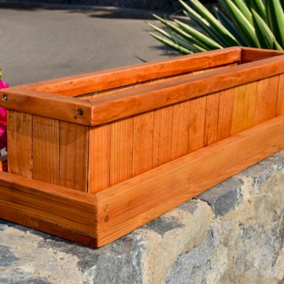 Window Box Planters (Options: 24" L, 7.5" W x 7.5" H, Standard Base, Douglas-Fi​r, No Steel Hangers, No Fit Over Railings, No Growing Vegetables, Transparen​t Premium Sealant) and Water Tray [not included] (Options: 2" Tall for Planters up to 12''W x 40''L, Transparen​t Premium Sealant).