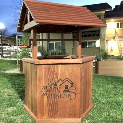 Wishing Wells (Options: XL Size, Redwood, Custom Engraving, Transparent Premium Sealant). Photo Courtesy of Y. Saenz-Solis of Thousand Oaks, California.