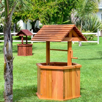 Wishing Wells (Options: In Front [Large 32", Douglas-fir, Transparent Premium Sealant], In Background [Standard 27", Douglas-fir, Cherry Stain Premium Sealant]).