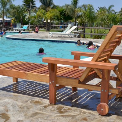 Wood Pool Lounger (Options: Single, Standard 74", Redwood, 13" H, Include Wooden Wheels, Transparent Premium Sealant). La grange style armrests & 54" L bed by custom request. 