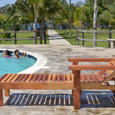 Wood Pool Lounger (Options: Single, Standard 74", Redwood, 13" H, Include Wooden Wheels, Transparent Premium Sealant). La grange style armrests & 54" L bed by custom request. 