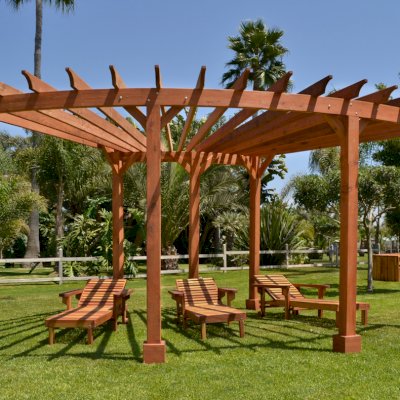 Wood Pool Lounger (Options: Single, Standard 74", Redwood, 13" H, Include Wooden Wheels, Transparent Premium Sealant). La grange style armrests & 54" L bed by custom request. Photo also shows The Fan Pergola and Maynard Table. 