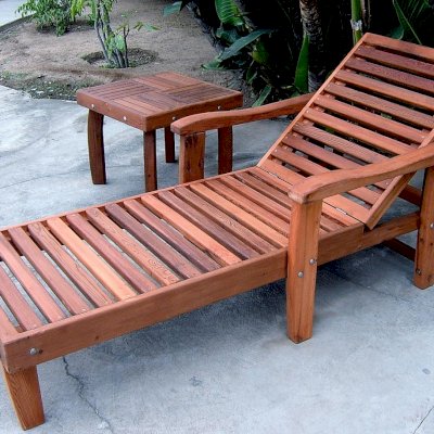 Wood Pool Lounger (Options: Single, Standard 74", Mature Redwood, 13" H, No Wheels, No Cushion, Transparent Premium Sealant. Terrace Side Table 20" x 20" x 20" shown in rear.